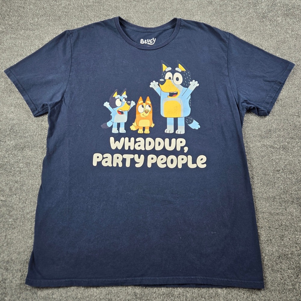 Bluey Graphic T-Shirt Unisex XL Navy Blue Whaddup Party People Cotton (T2)